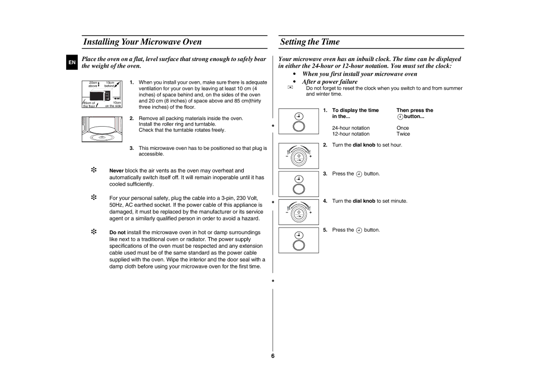 Samsung GE87L-S/BOL manual Installing Your Microwave Oven Setting the Time, To display the time, Button 