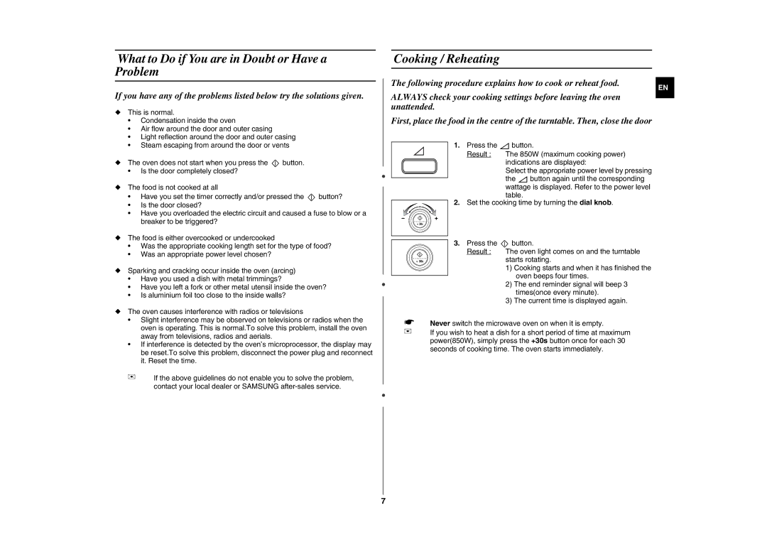 Samsung GE87L-S/BOL manual What to Do if You are in Doubt or Have a Problem, Cooking / Reheating 