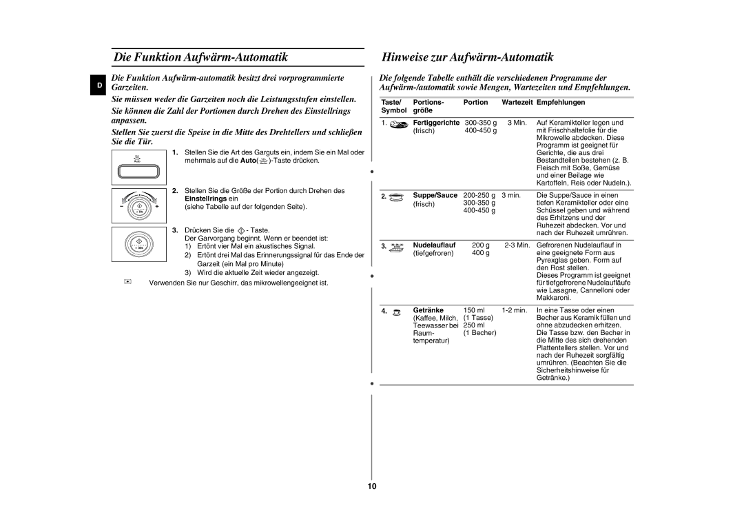 Samsung GE87L-S/XEG manual Die Funktion Aufwärm-Automatik, Hinweise zur Aufwärm-Automatik 