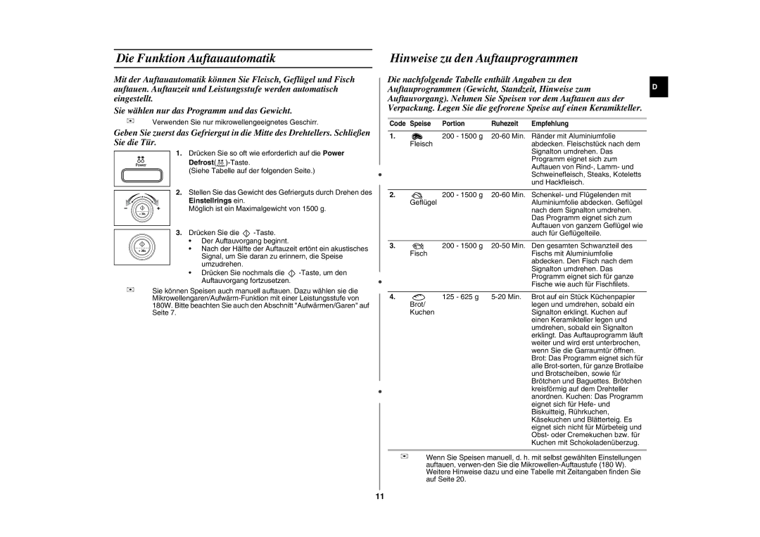 Samsung GE87L-S/XEG manual Die Funktion Auftauautomatik, Hinweise zu den Auftauprogrammen 