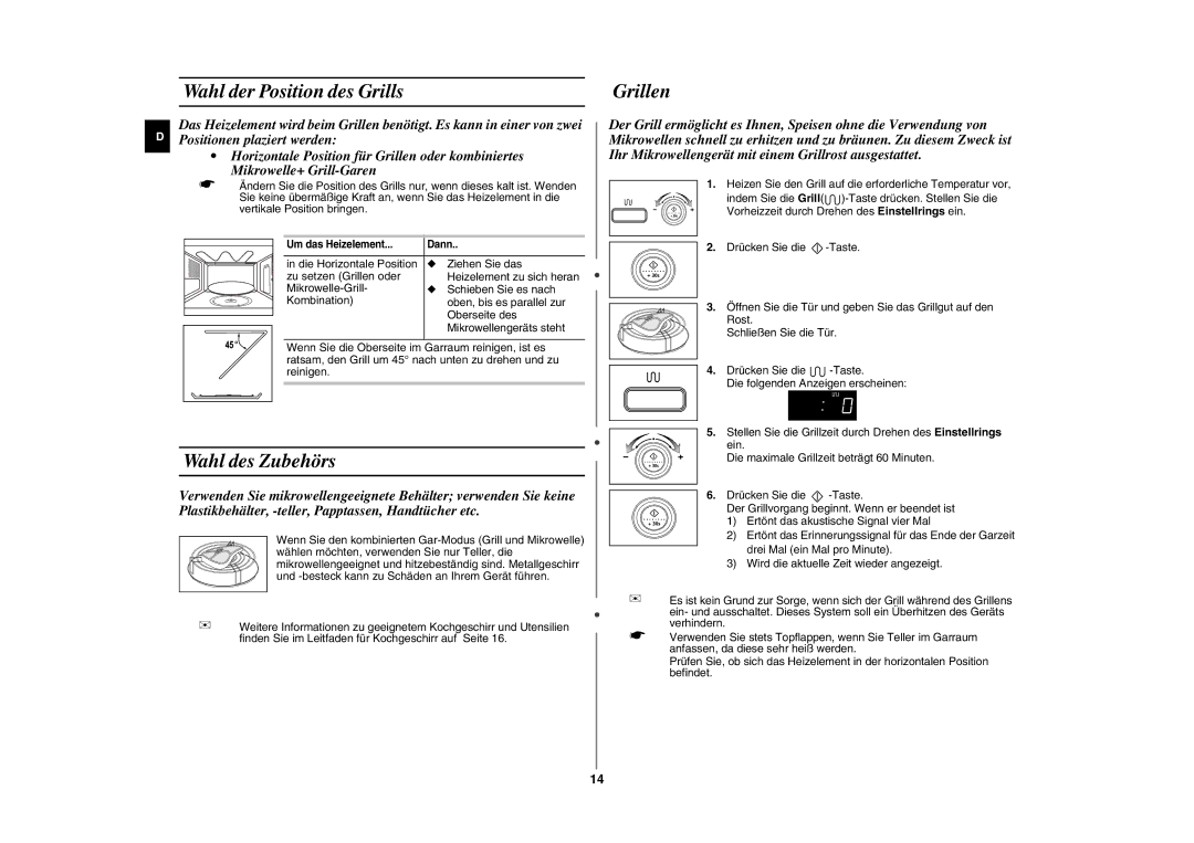 Samsung GE87L-S/XEG manual Wahl der Position des Grills, Wahl des Zubehörs, Grillen 