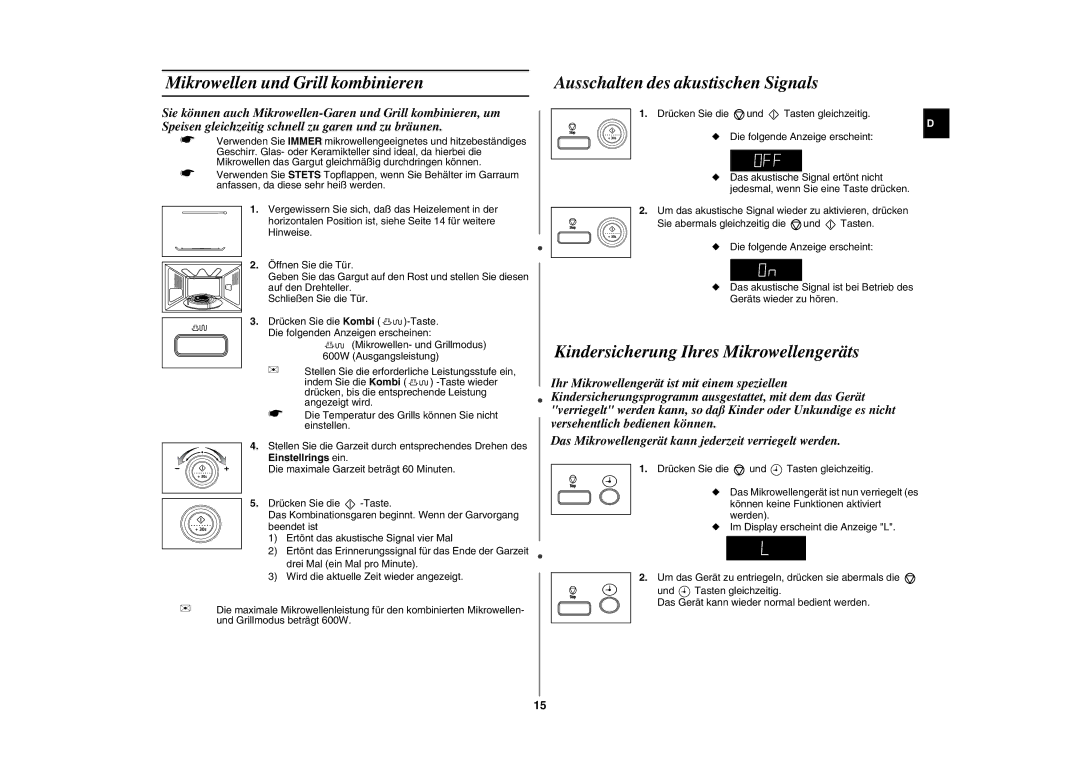 Samsung GE87L-S/XEG manual Mikrowellen und Grill kombinieren, Ausschalten des akustischen Signals 