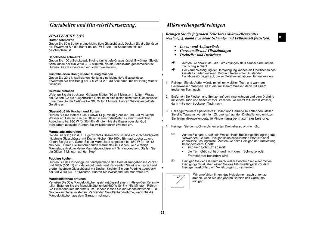 Samsung GE87L-S/XEG manual Mikrowellengerät reinigen, Zusätzliche Tips 