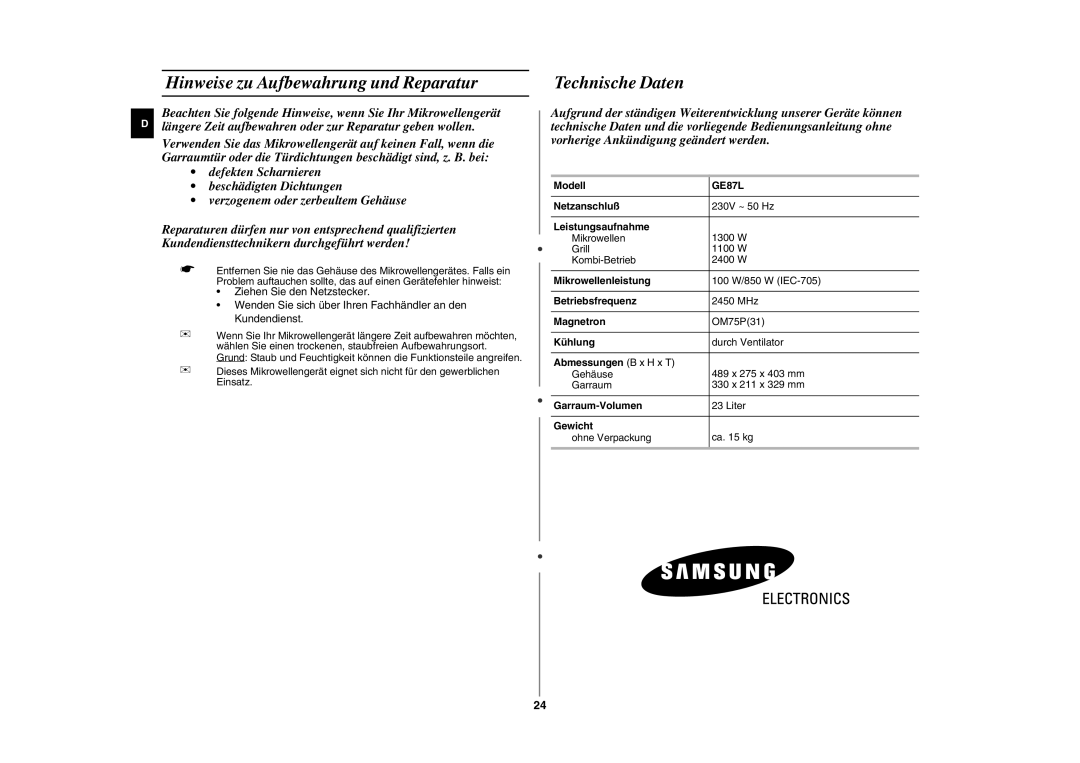 Samsung GE87L-S/XEG manual Hinweise zu Aufbewahrung und Reparatur, Technische Daten 