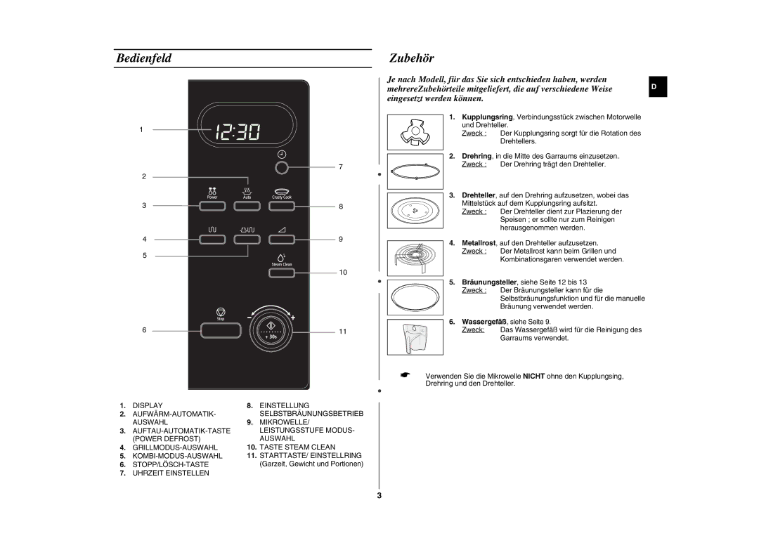 Samsung GE87L-S/XEG manual Bedienfeld Zubehör 