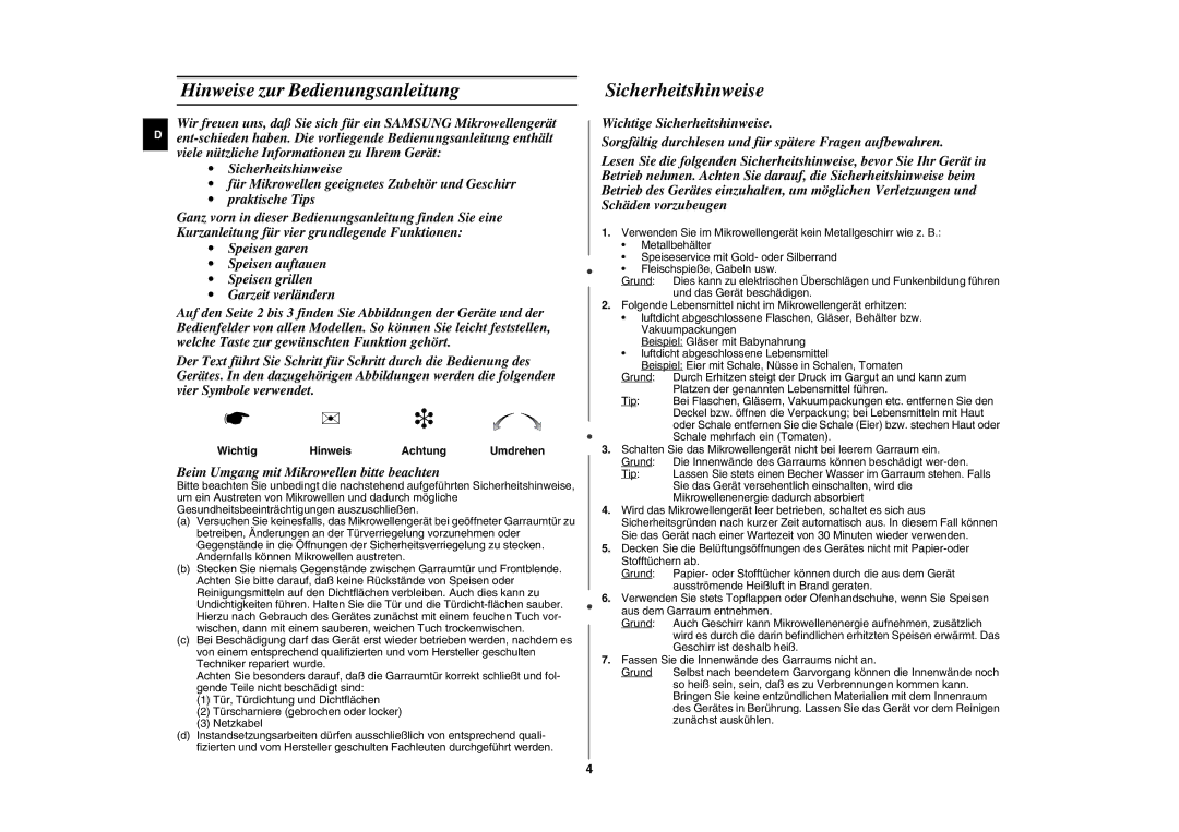 Samsung GE87L-S/XEG manual Hinweise zur Bedienungsanleitung, Sicherheitshinweise, Wichtig Hinweis Achtung Umdrehen 