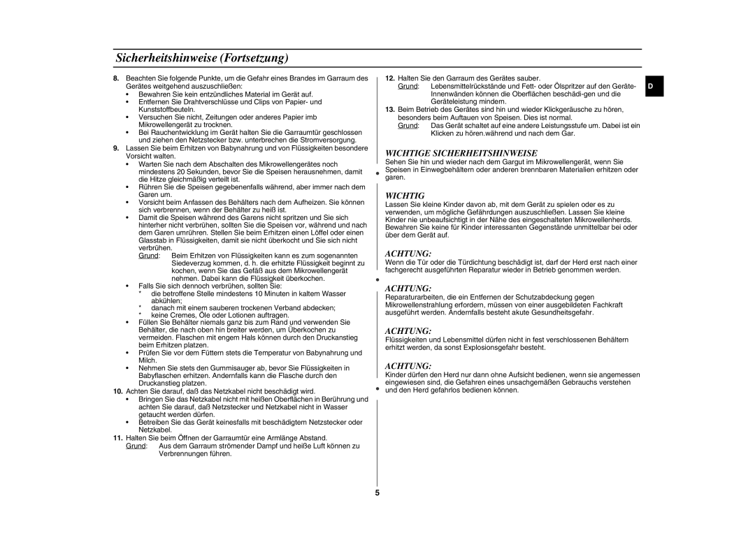 Samsung GE87L-S/XEG manual Sicherheitshinweise Fortsetzung, Wichtige Sicherheitshinweise, Achtung 