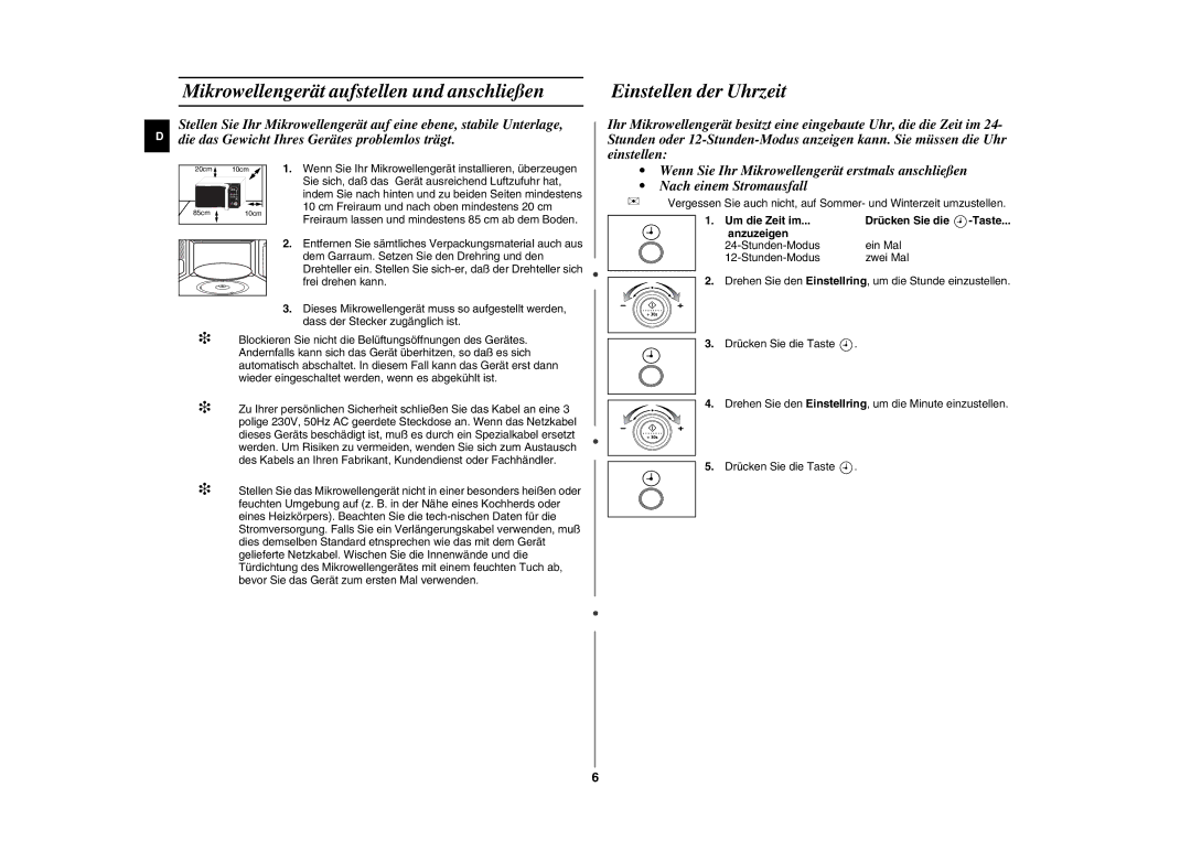 Samsung GE87L-S/XEG manual Mikrowellengerät aufstellen und anschließen, Einstellen der Uhrzeit 