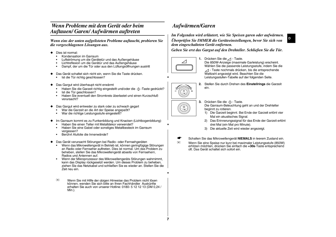 Samsung GE87L-S/XEG manual Aufwärmen/Garen 