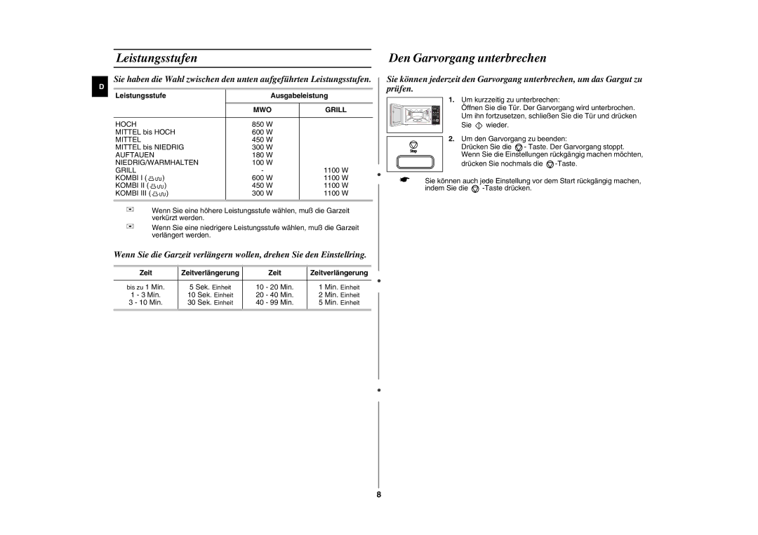 Samsung GE87L-S/XEG manual Leistungsstufen, Den Garvorgang unterbrechen, Leistungsstufe Ausgabeleistung, Zeit 