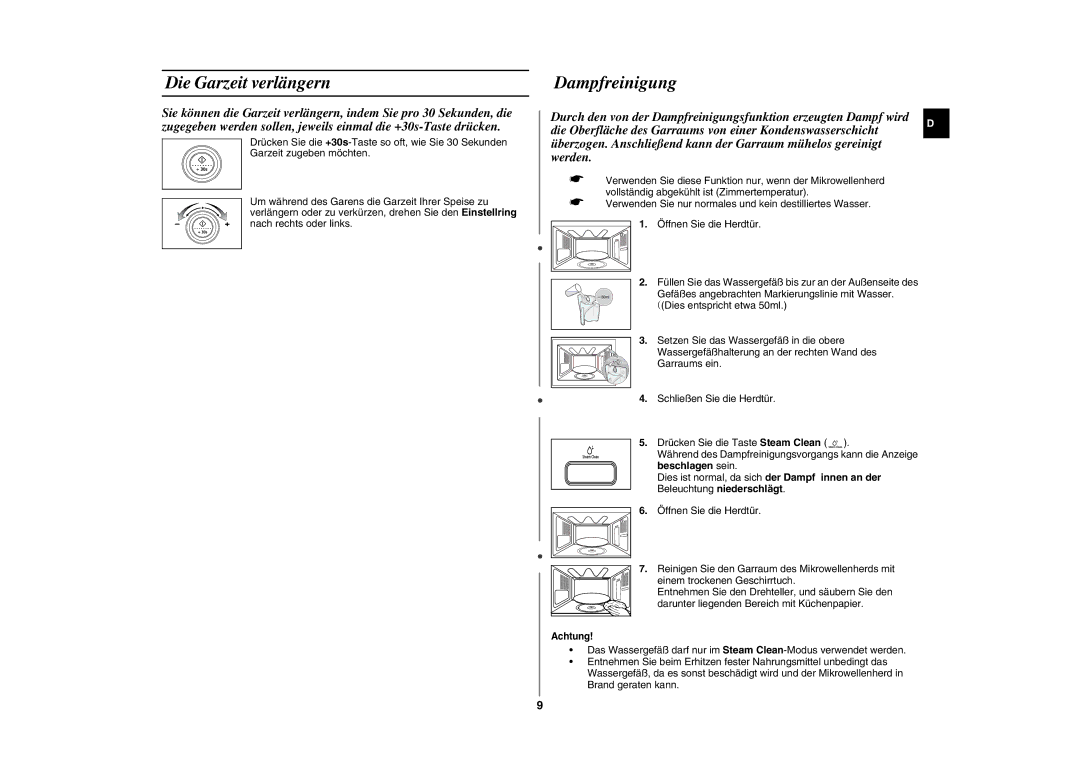 Samsung GE87L-S/XEG manual Die Garzeit verlängern, Dampfreinigung 