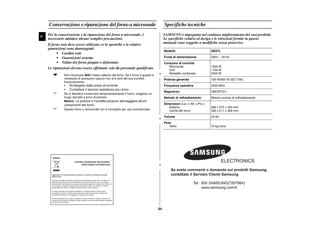 Samsung GE87L-S/XET, GE87L-BS/XET manual Specifiche tecniche 