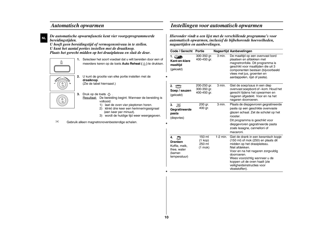 Samsung GE87L manual Automatisch opwarmen Instellingen voor automatisch opwarmen 