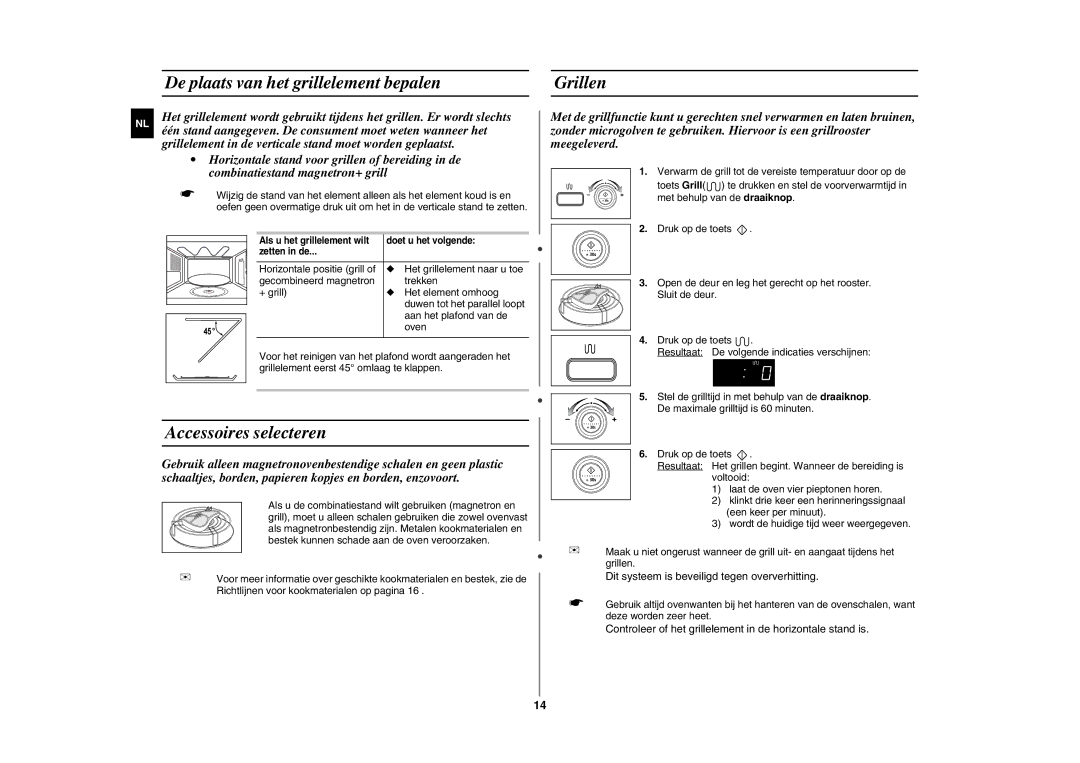 Samsung GE87L manual De plaats van het grillelement bepalen Grillen, Accessoires selecteren 