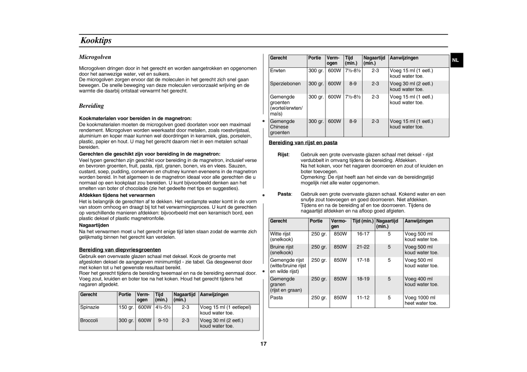 Samsung GE87L manual Kooktips, Microgolven, Bereiding 