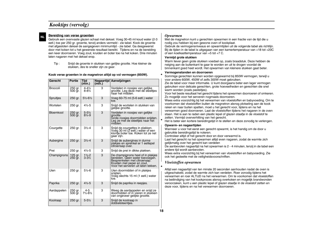 Samsung GE87L manual Kooktips vervolg, Opwarmen, Vloeistoffen opwarmen 