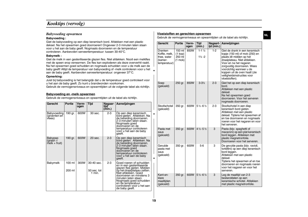 Samsung GE87L manual Babyvoeding opwarmen 