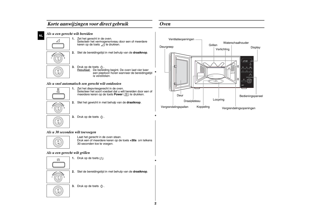 Samsung GE87L manual Korte aanwijzingen voor direct gebruik, Oven 