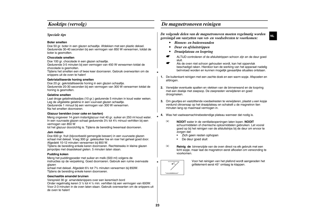Samsung GE87L manual De magnetronoven reinigen, Speciale tips 