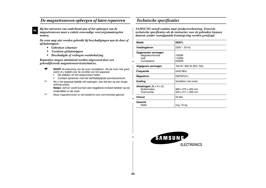 Samsung GE87L Model, Voedingsbron, Opgenomen vermogen, Afgegeven vermogen, Frequentie, Magnetron, Koeling, Inhoud, Gewicht 