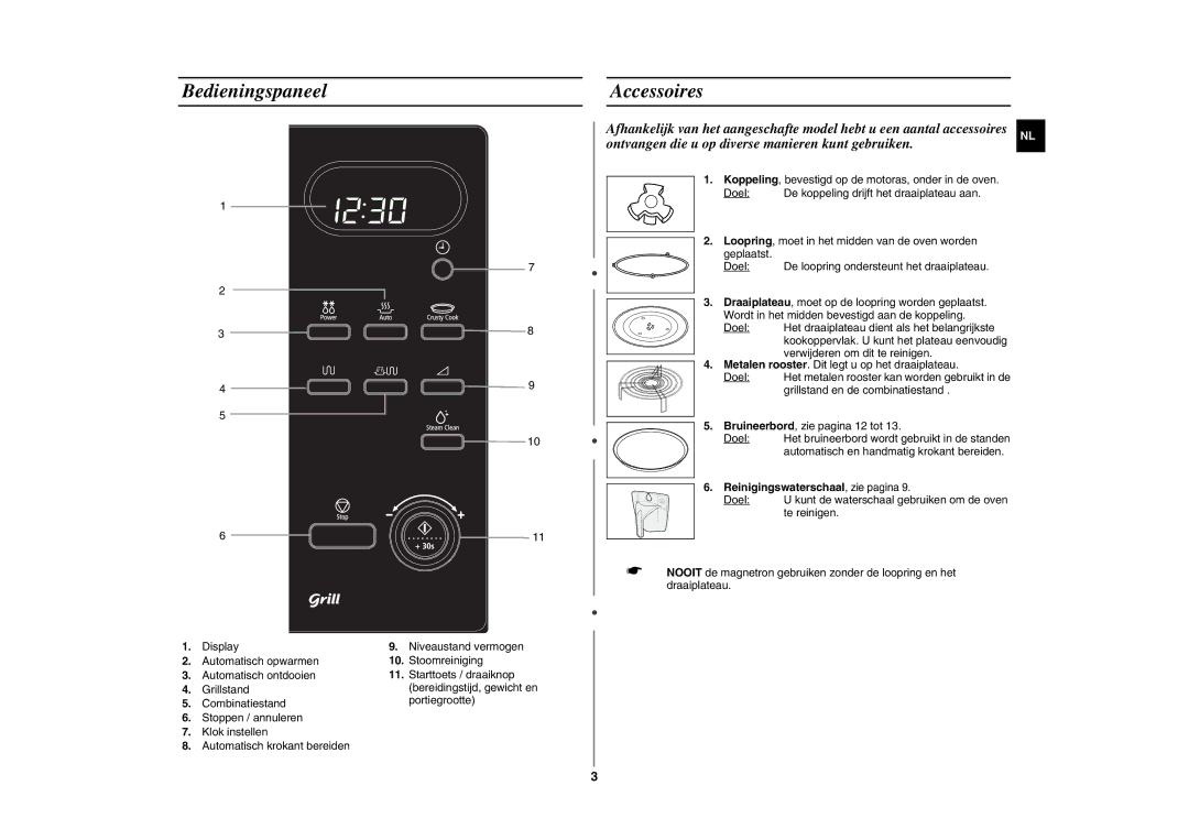 Samsung GE87L manual Bedieningspaneel Accessoires, Reinigingswaterschaal , zie pagina 