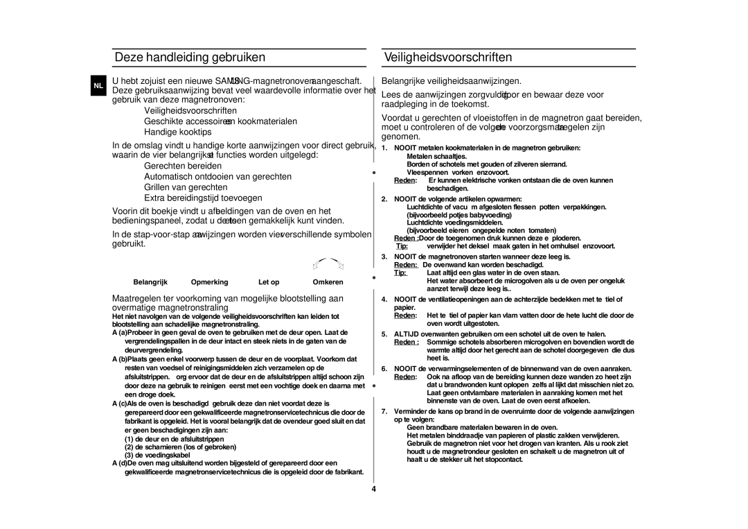 Samsung GE87L manual Deze handleiding gebruiken Veiligheidsvoorschriften, Belangrijk Opmerking Let op 