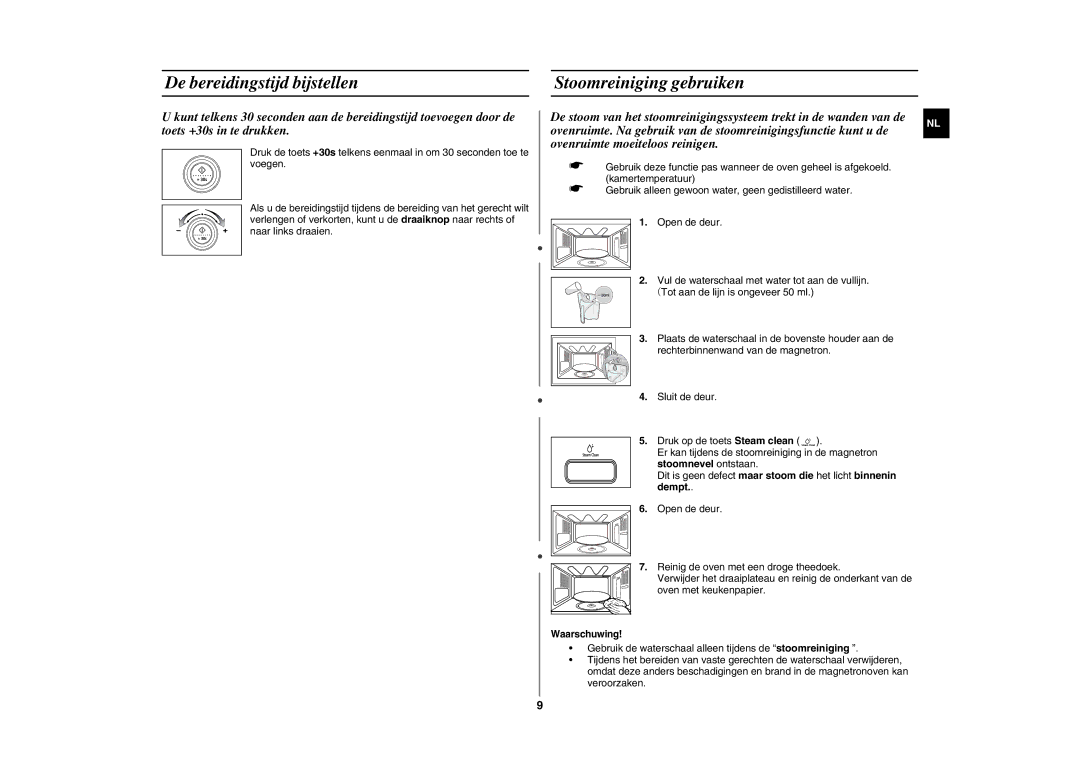 Samsung GE87L manual De bereidingstijd bijstellen Stoomreiniging gebruiken 