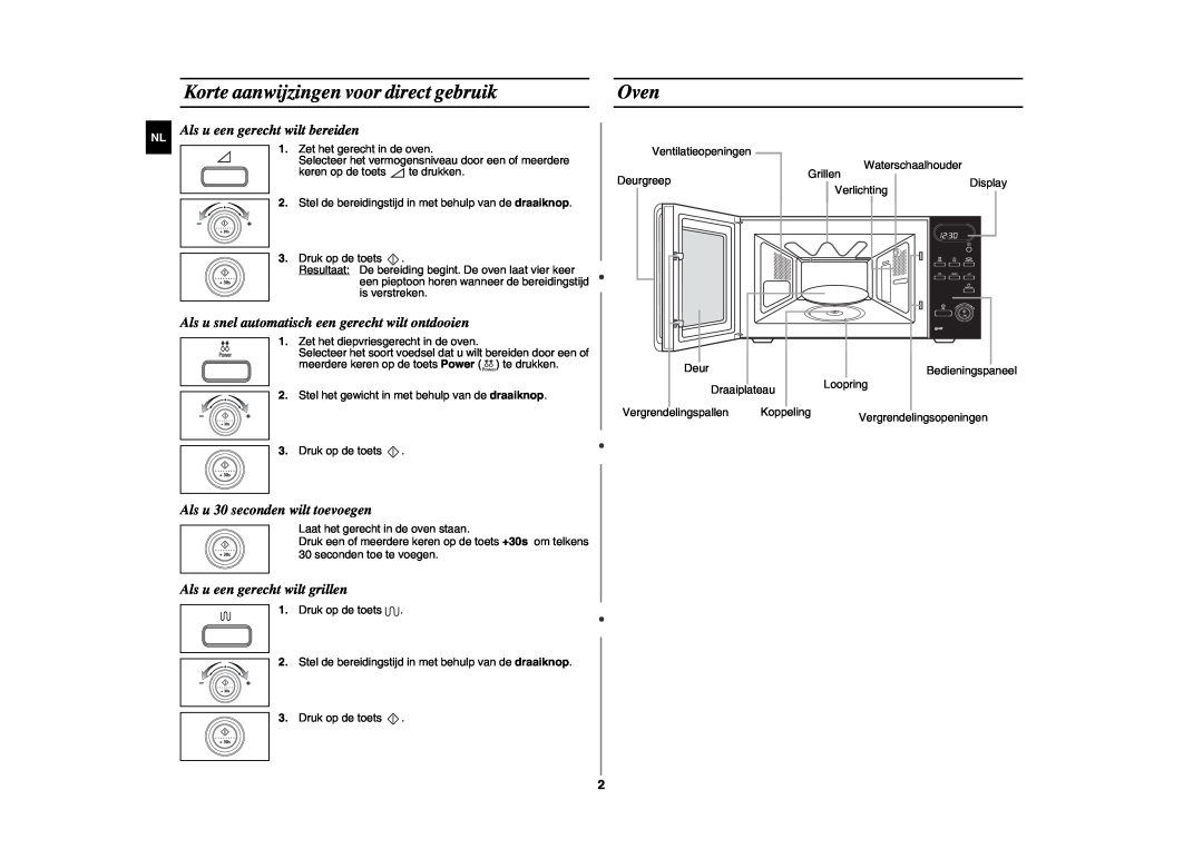 Samsung GE87L manual Korte aanwijzingen voor direct gebruik, Oven, Als u een gerecht wilt bereiden 