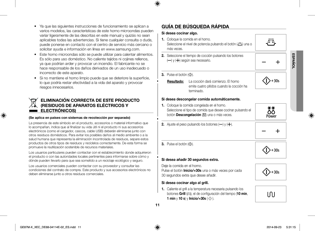 Samsung GE87M-X/XEC manual Guía de búsqueda rápida, Si desea cocinar algo, Si desea descongelar comida automáticamente 