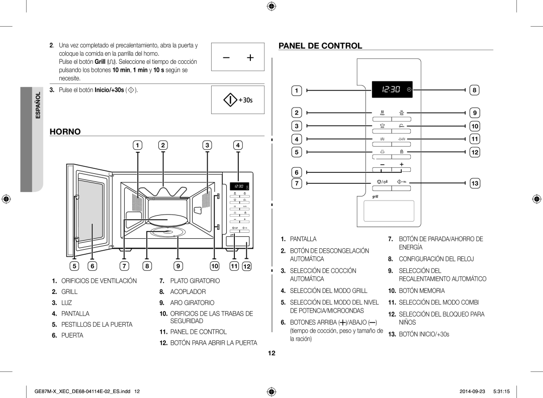 Samsung GE87M-X/XEC Horno Panel de control, Orificios DE Ventilación Grill, De Potencia/Microondas, Botón INICIO/+30s 