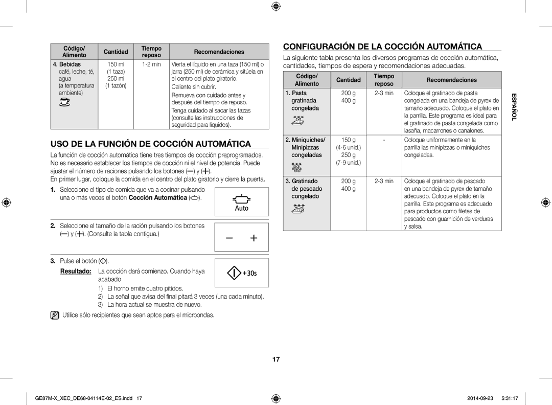 Samsung GE87M-X/XEC manual Uso de la función de cocción automática, Configuración de la cocción automática, Código 