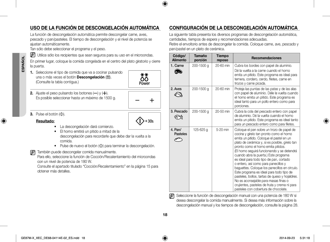 Samsung GE87M-X/XEC manual Uso de la función de descongelación automática, Configuración de la descongelación automática 