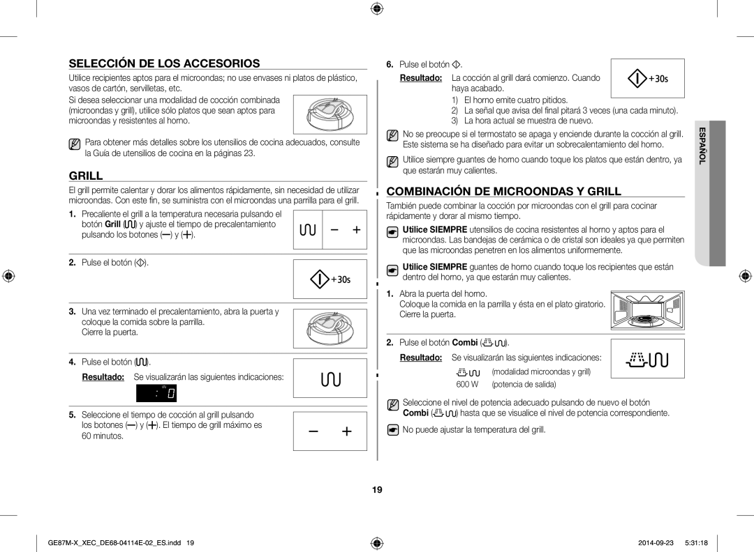 Samsung GE87M-X/XEC manual Selección de los accesorios, Grill, Combinación de microondas y grill 