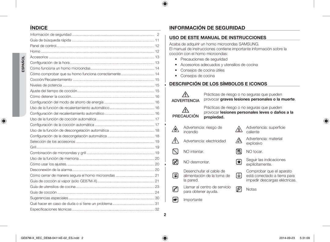 Samsung GE87M-X/XEC manual Índice, Información de seguridad, Advertencia Precaución, Notas 