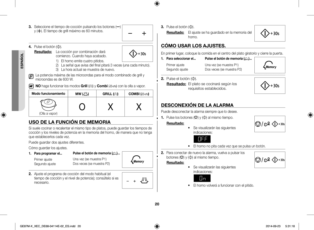 Samsung GE87M-X/XEC manual Uso de la función de memoria, Cómo usar los ajustes, Desconexión de la alarma 