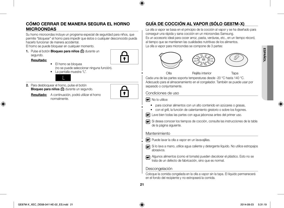 Samsung GE87M-X/XEC manual Cómo cerrar de manera segura el horno microondas, Guía de cocción al vapor sólo GE87M-X, Tapa 