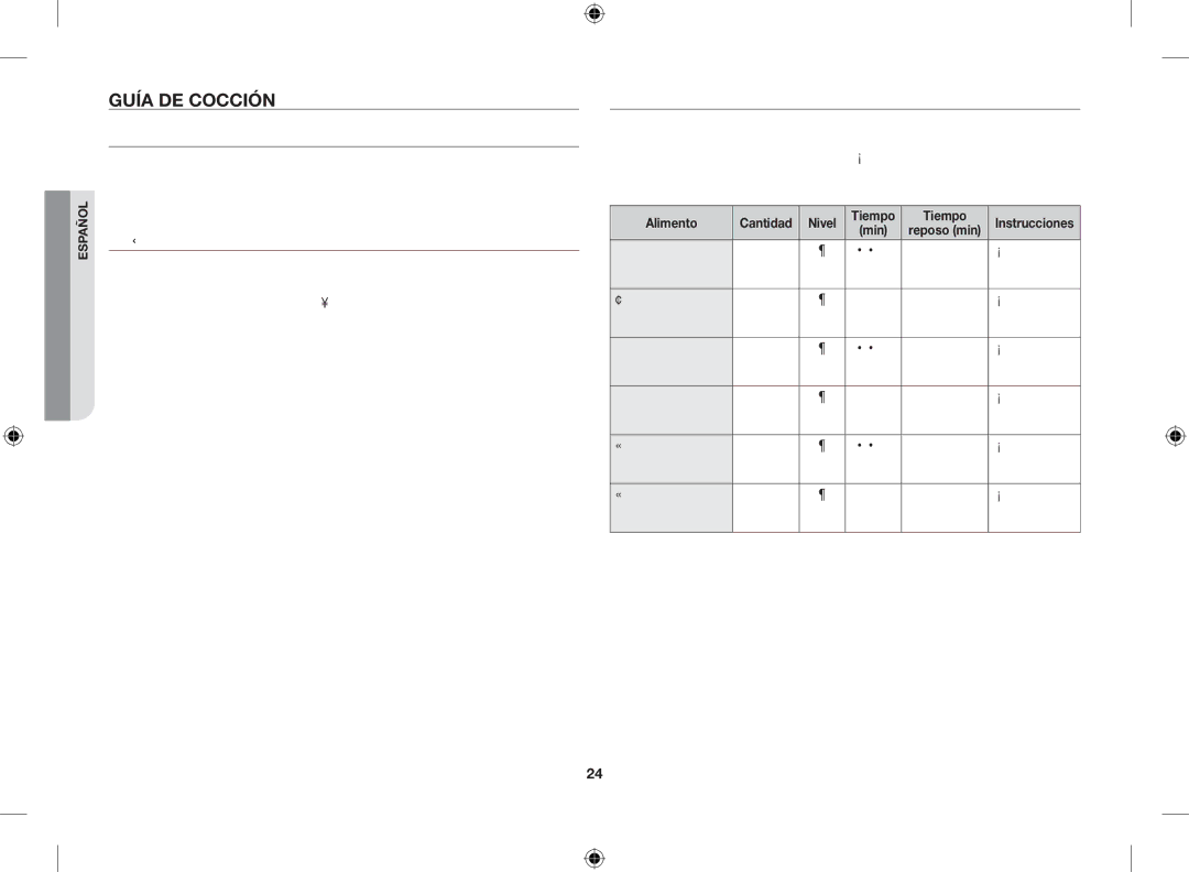 Samsung GE87M-X/XEC Guía de cocción, Microondas, Utensilios para la cocción por microondas, Alimento Cantidad Nivel Tiempo 