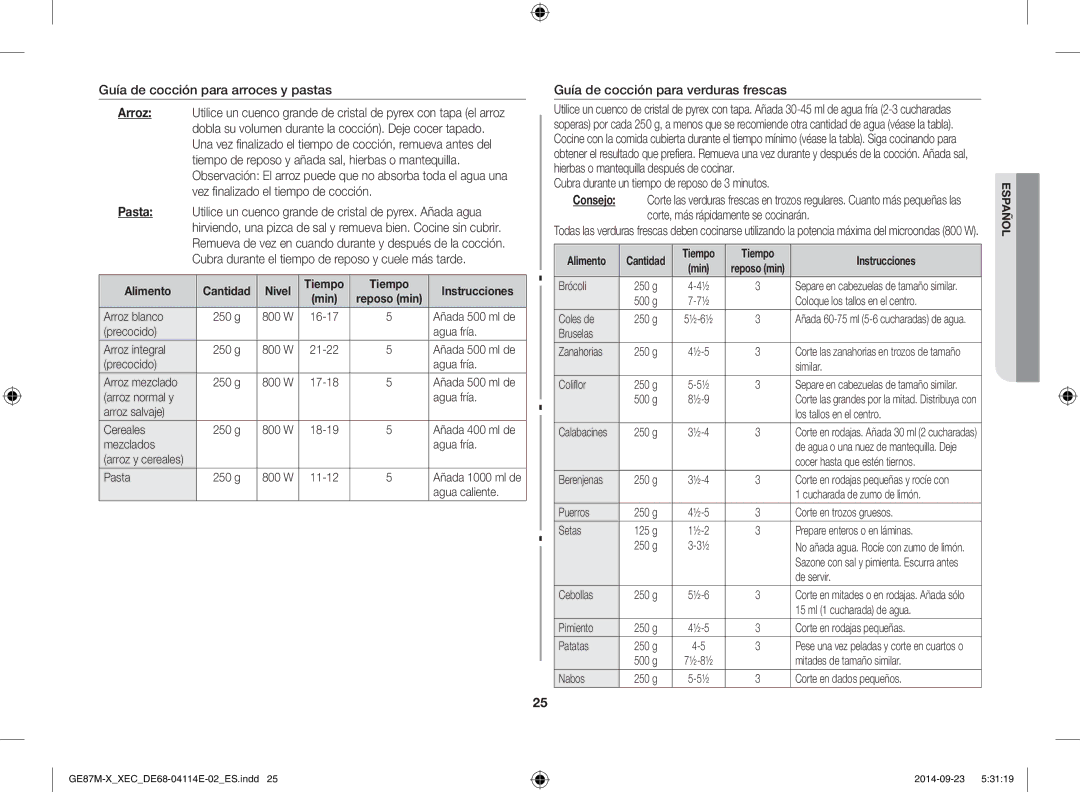 Samsung GE87M-X/XEC Guía de cocción para arroces y pastas, Guía de cocción para verduras frescas, Tiempo Instrucciones 