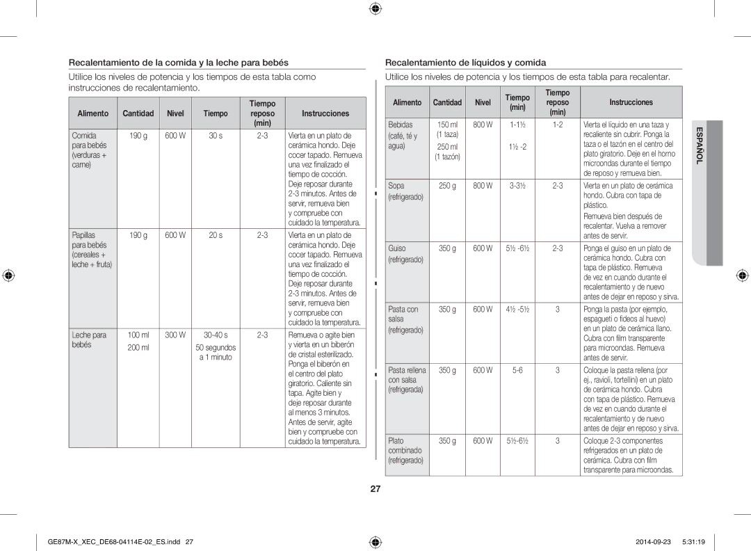 Samsung GE87M-X/XEC manual Tiempo Alimento 