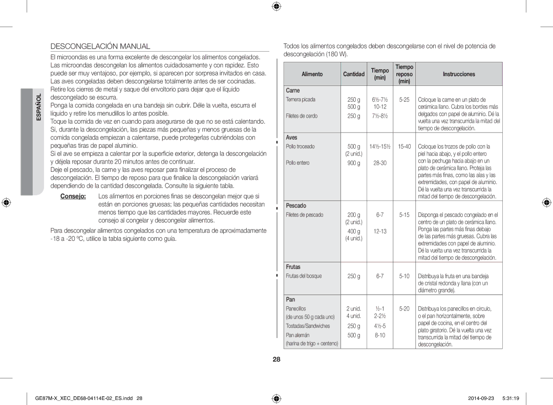 Samsung GE87M-X/XEC manual Descongelación Manual, Consejo al congelar y descongelar alimentos 