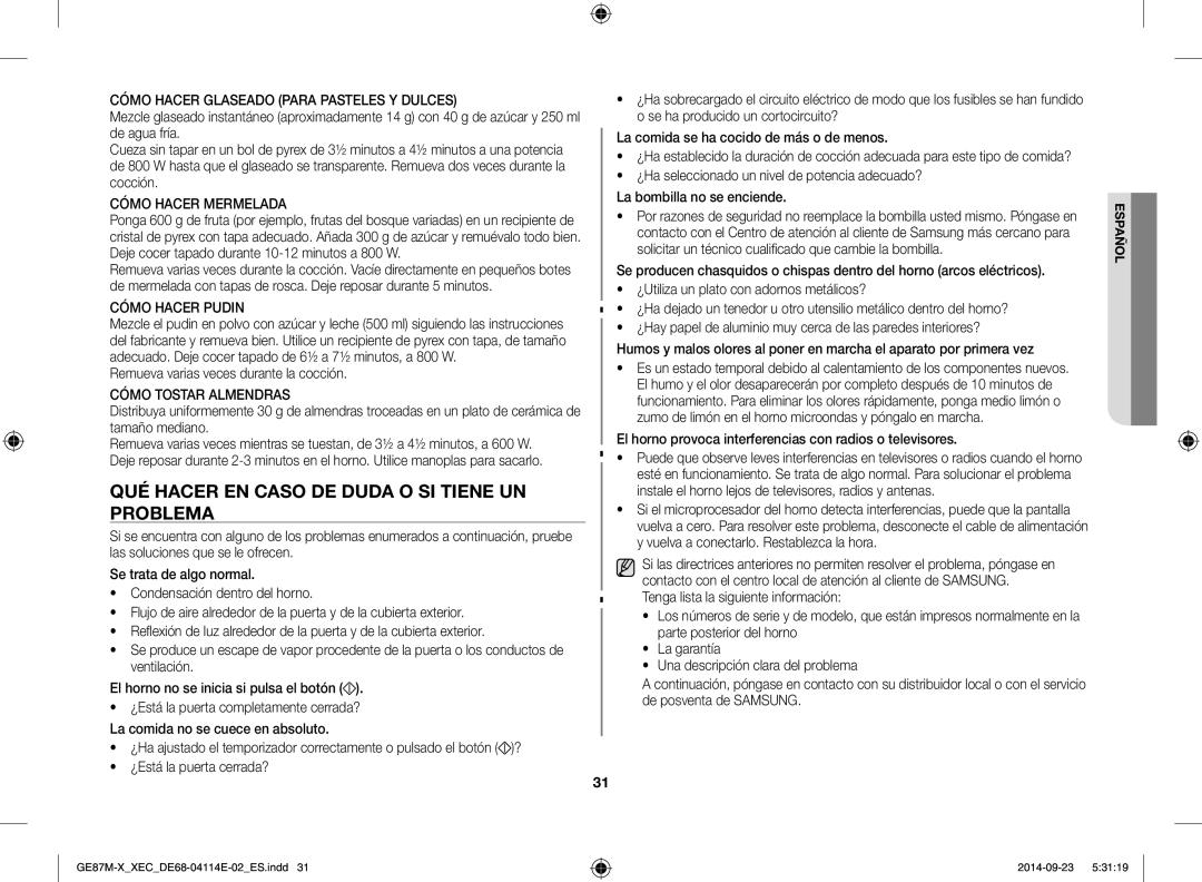 Samsung GE87M-X/XEC manual Qué hacer en caso de duda o si tiene un problema, Cómo Hacer Glaseado Para Pasteles Y Dulces 