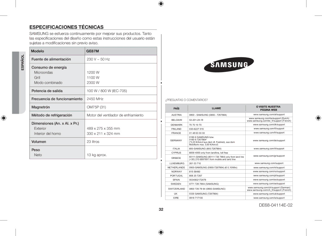 Samsung GE87M-X/XEC manual Especificaciones técnicas, DE68-04114E-02, Modelo 