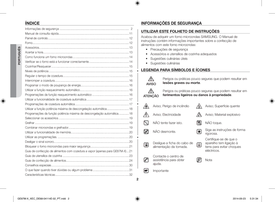 Samsung GE87M-X/XEC Informações de segurança, Lesões graves ou morte, Atenção, Ferimentos ligeiros ou danos à propriedade 