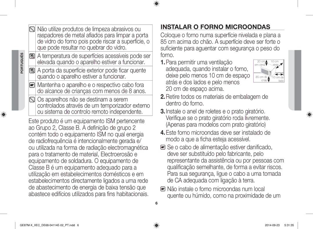 Samsung GE87M-X/XEC manual Instalar o forno microondas 