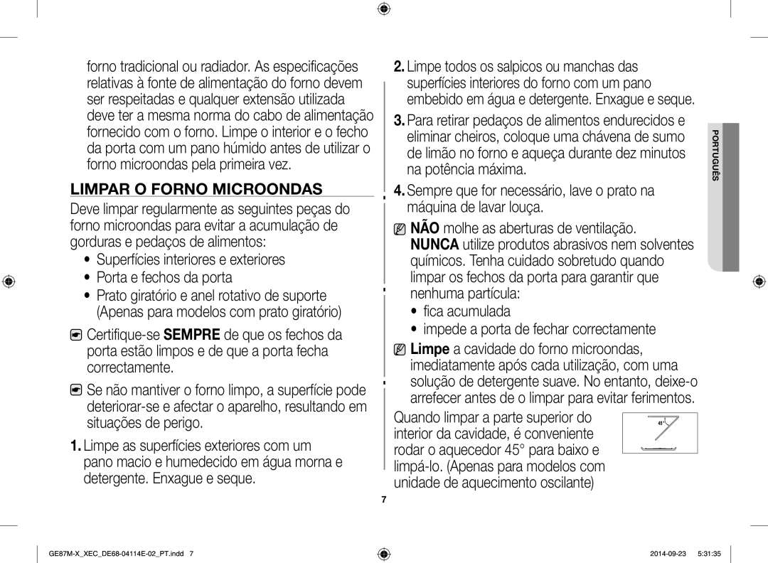 Samsung GE87M-X/XEC manual Superfícies interiores e exteriores Porta e fechos da porta 