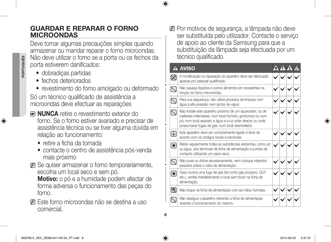 Samsung GE87M-X/XEC manual Guardar e reparar o forno microondas, Dobradiças partidas Fechos deteriorados 