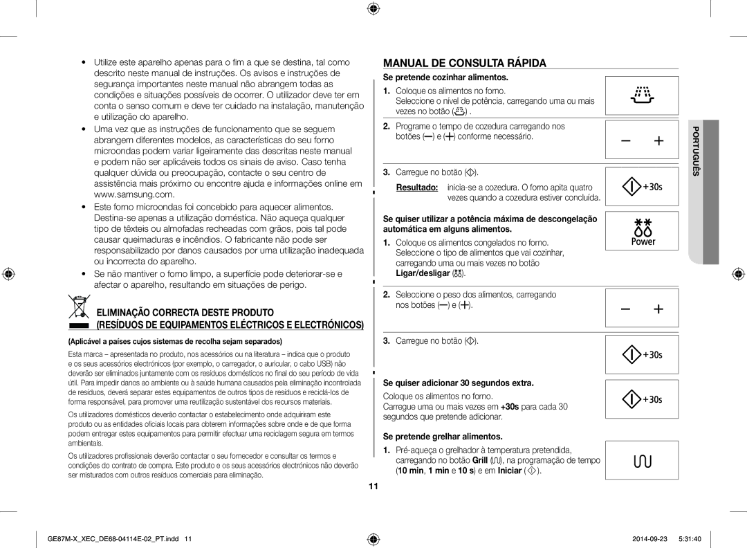 Samsung GE87M-X/XEC manual Manual de consulta rápida, Se pretende cozinhar alimentos, Carregue no botão 