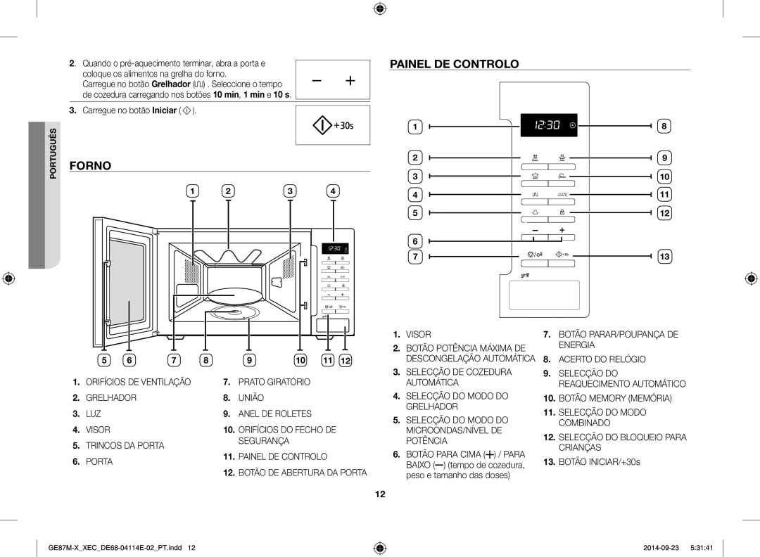 Samsung GE87M-X/XEC manual Forno Painel de controlo, Porta, Botão PARAR/POUPANÇA DE Energia Acerto do Relógio 