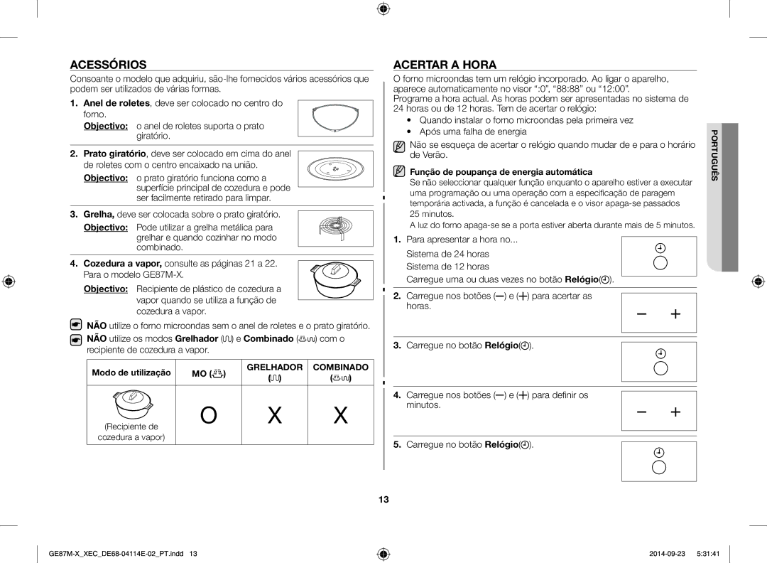 Samsung GE87M-X/XEC manual Acessórios, Acertar a hora, Função de poupança de energia automática 