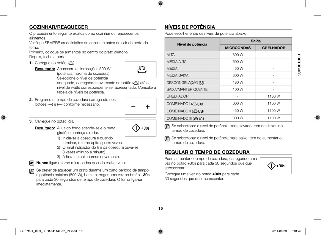 Samsung GE87M-X/XEC manual Cozinhar/Reaquecer, Níveis de potência, Regular o tempo de cozedura, Nível de potência Saída 